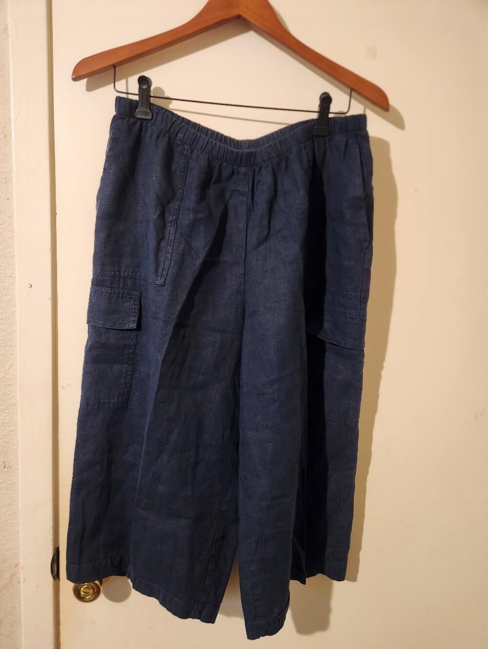Flax Navy Blue Elastic-Waist Cargo Wide Leg Capri Linen Pants Sz M